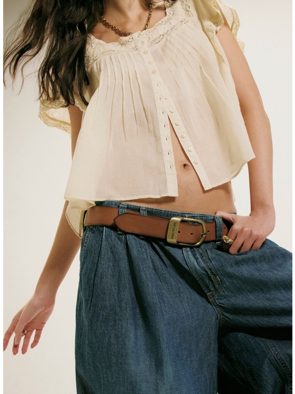 Free People Cream Lace-Trim Button Front Peasant Top